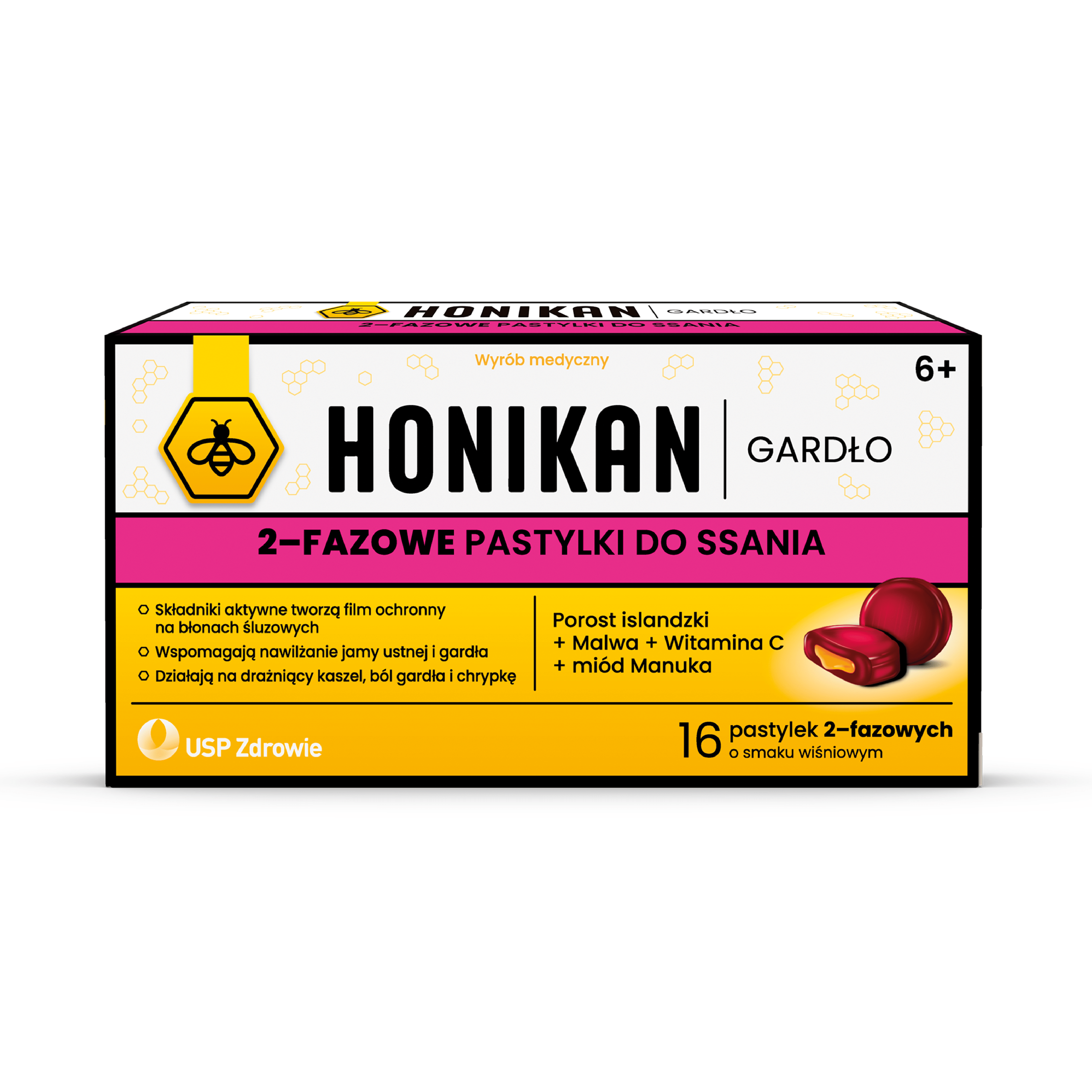 Honikan - gardło, 2-fazowe pastylki do ssania na ból gardła i chrypę, 16 pastylek