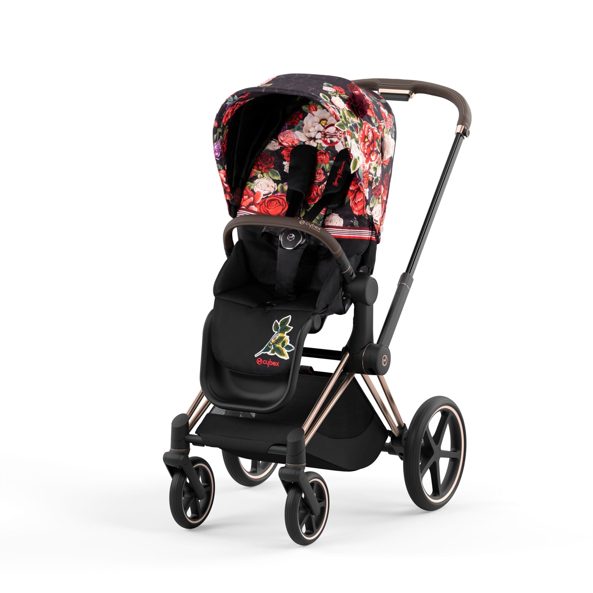 Cybex Priam 4.0 Fashion Collection - wózek spacerowy -Spring Blossom Dark-Chrome z czarną rączką