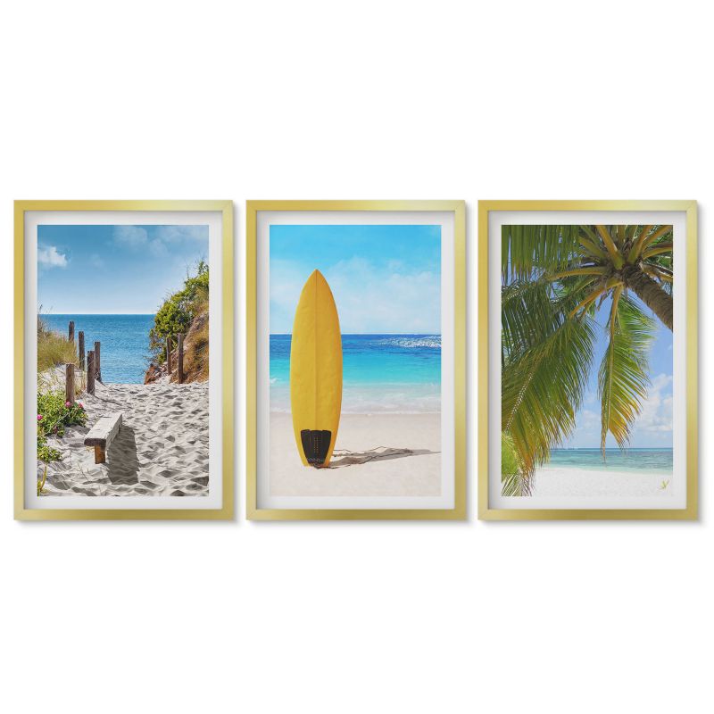 Tryptyk w złotej ramie Tulup 40x60 cm Wakacyjne plaże fale palmy Galeria ścienna 3 szt.