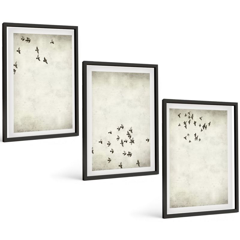 Zestaw 3 Obrazów w Czarnej Ramie ArtPrintCave 40x60 cm Galeria Ścienna Minimalistyczny malunek ptaków 1 kpl.