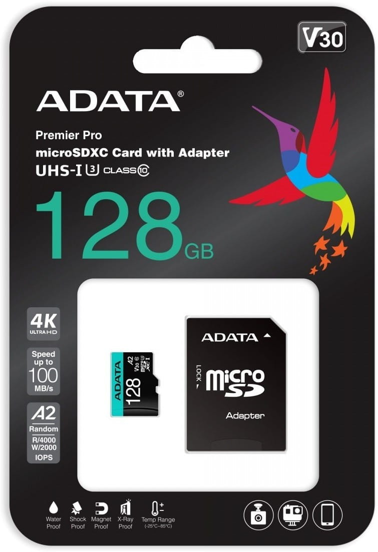 ADATA Micro SDXC 128GB V30S A2 100/80 U3 AUSDX128GUI3V30SA2-RA1 - Henryx24