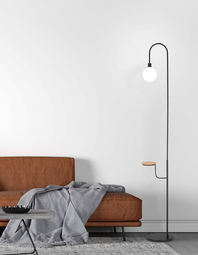 Czarna lampa podłogowa z półką do salonu VANITY 173 cm metal drewno