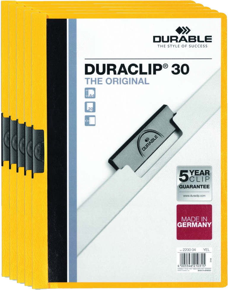 5x Skoroszyt plastikowy z klipsem Durable Duraclip, A4, do 30 kartek, żółty