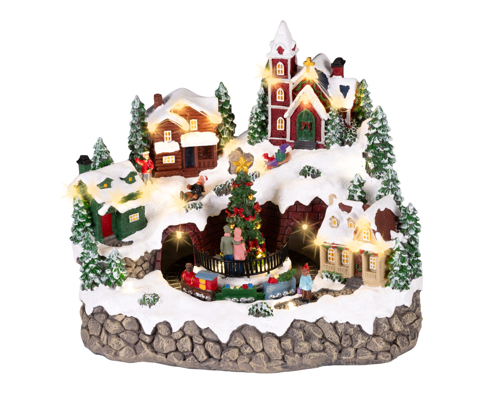 Scenka LED kościół na wzgórzu 3domki, pociąg, choinka grająca 22,7cm