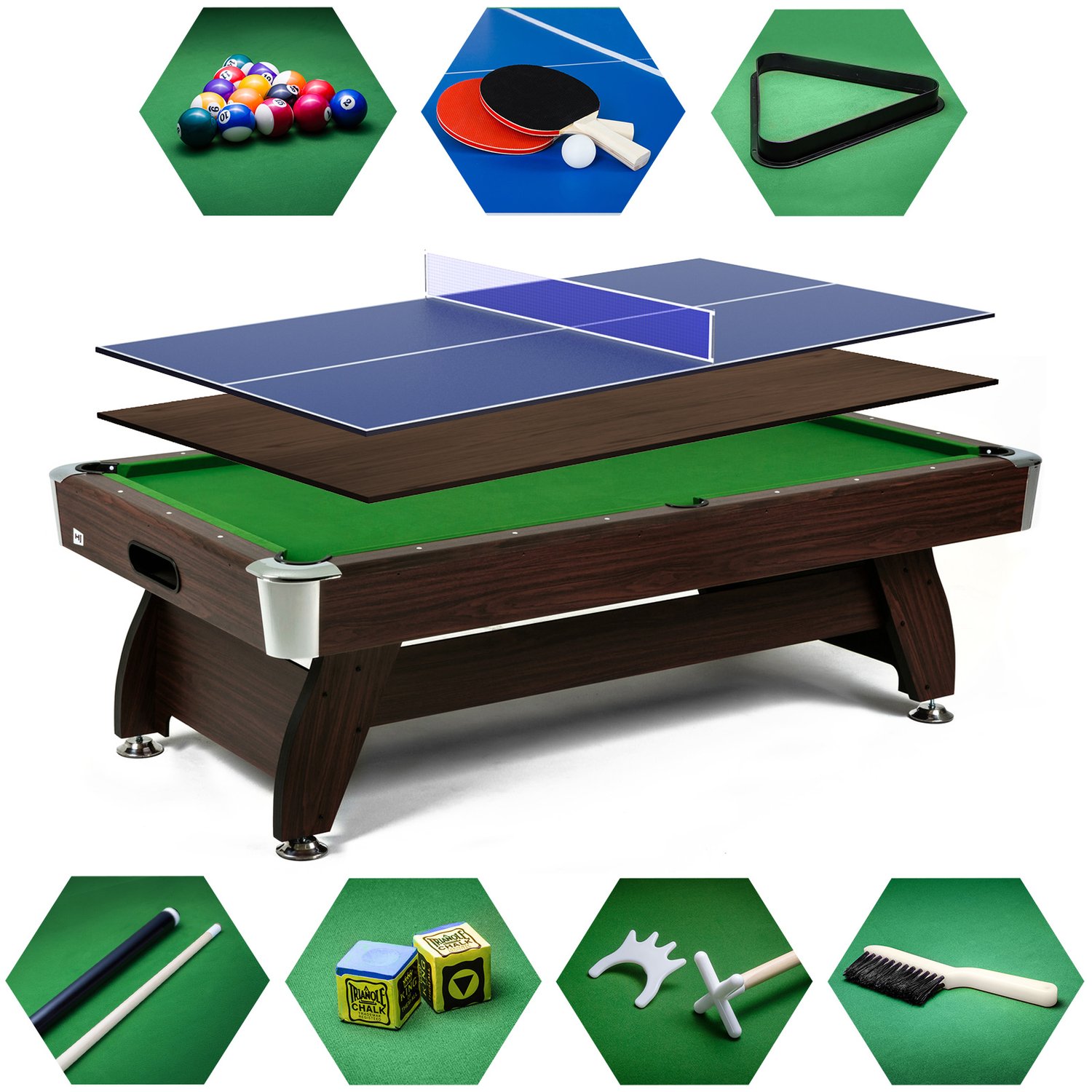 Biliardový stôl Vip Extra 8 FT hnedo/zelený s nadstavcom ping-pong/doska