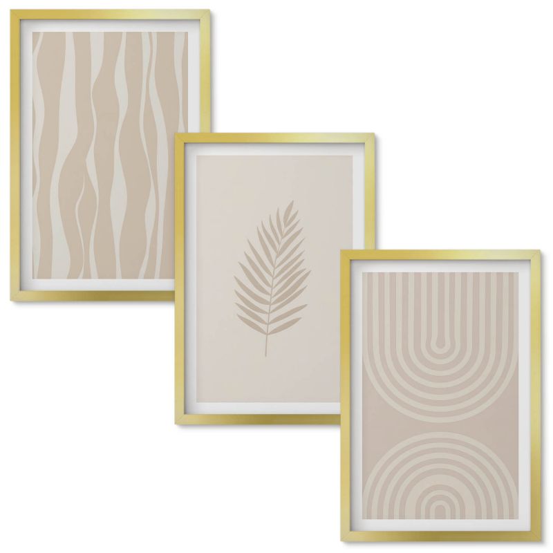 Set Obrazów w Ramie Wallfluent Beżowe wzory roślinne Złota rama 40x60 cm 3 szt.