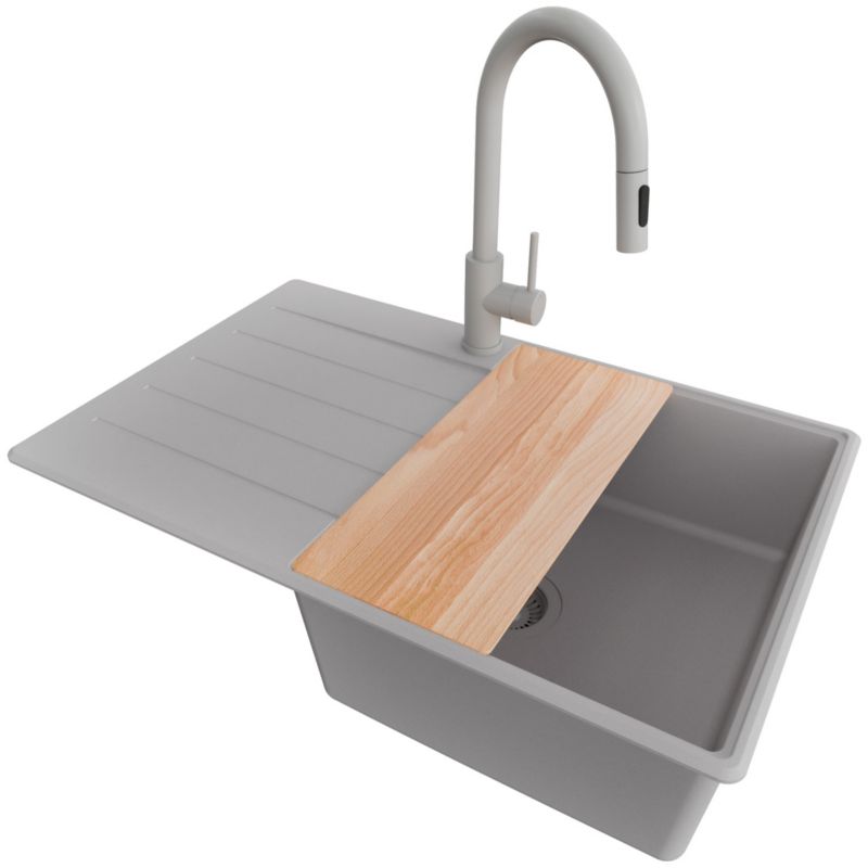 Zlewozmywak Granitowy Kopenhaga Top PRIMAGRAN Nablatowy 78x50cm, Cały Szary + Bateria + Syfon + Akcesorium, S550, 1 szt.