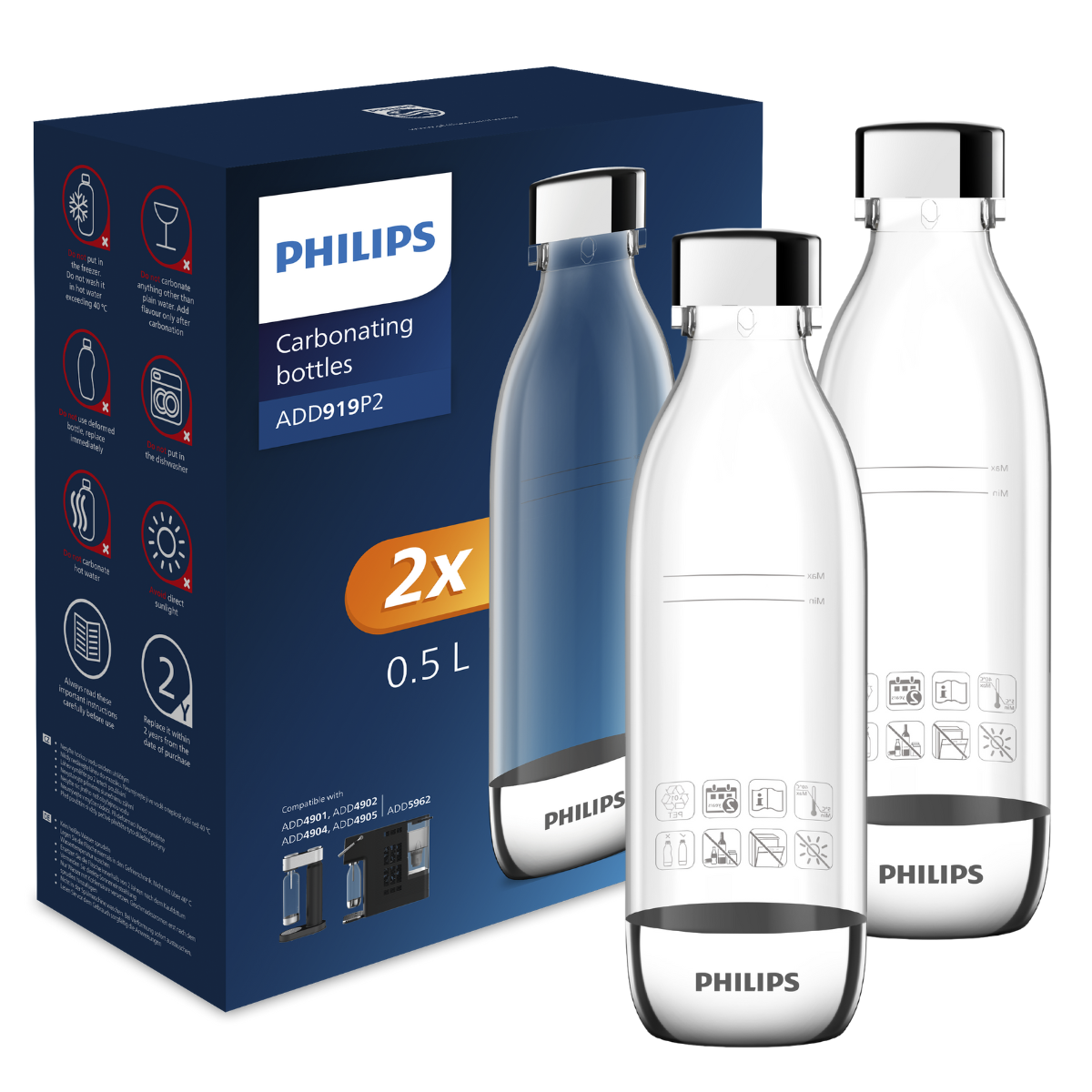 Dwupak zapasowych butelek do gazowania wody PHILIPS ADD919P2/10. Butelka do saturatora 2 x 0,5 litra.