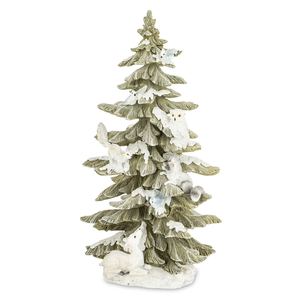 Figurka Choinka ceramiczna zielona ośnieżona, sarenka, sowa, ptaszki 41 cm