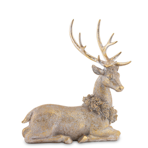 Figurka Renifer ceramiczny leżący złoty szczotkowany z wiankiem 30 cm