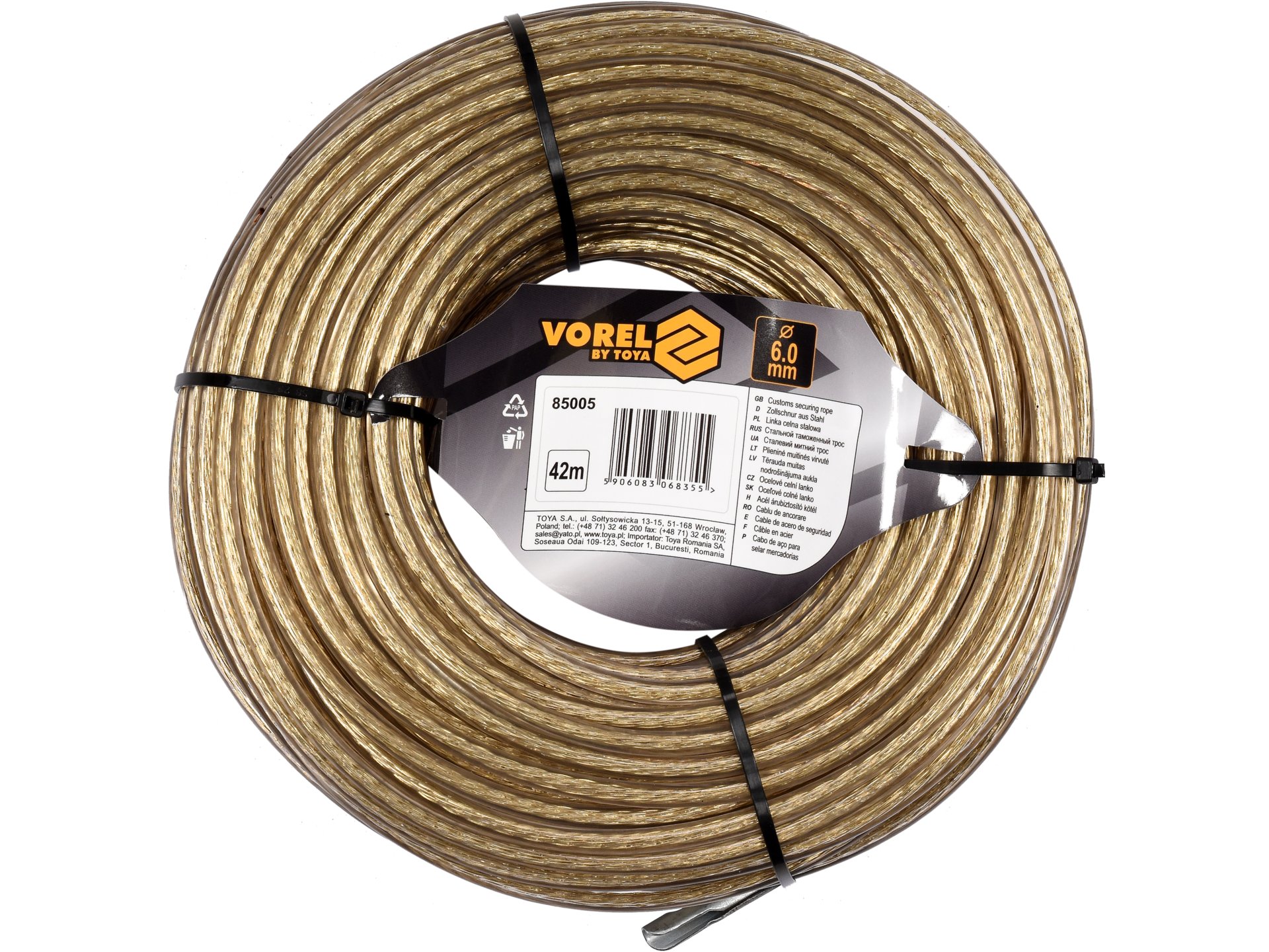 Linka celna stalowa VOREL 6mm 42m zakuta z osłoną PCV do plandeki 85005