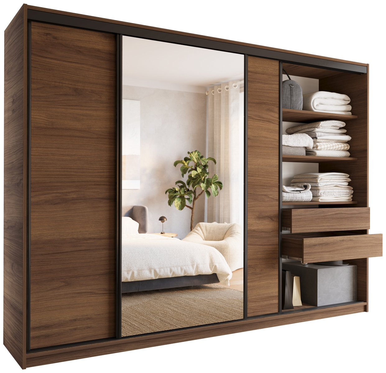 Szafa przesuwna z lustrem 280 cm do sypialni LOFT orzech
