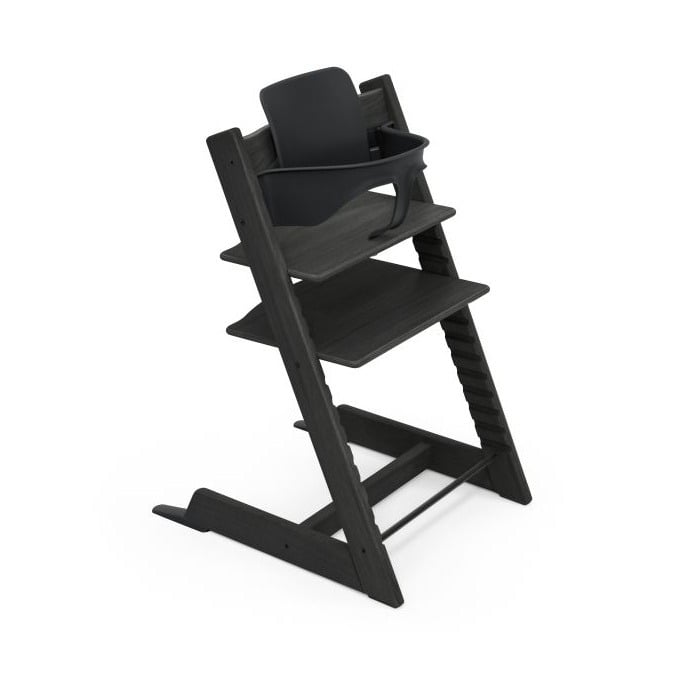 Stokke Tripp Trapp + zestaw Baby Set + tacka - rosnące krzesełko do karmienia z akcesoriami-Oak Black (drewno dębowe)-Vanilla White