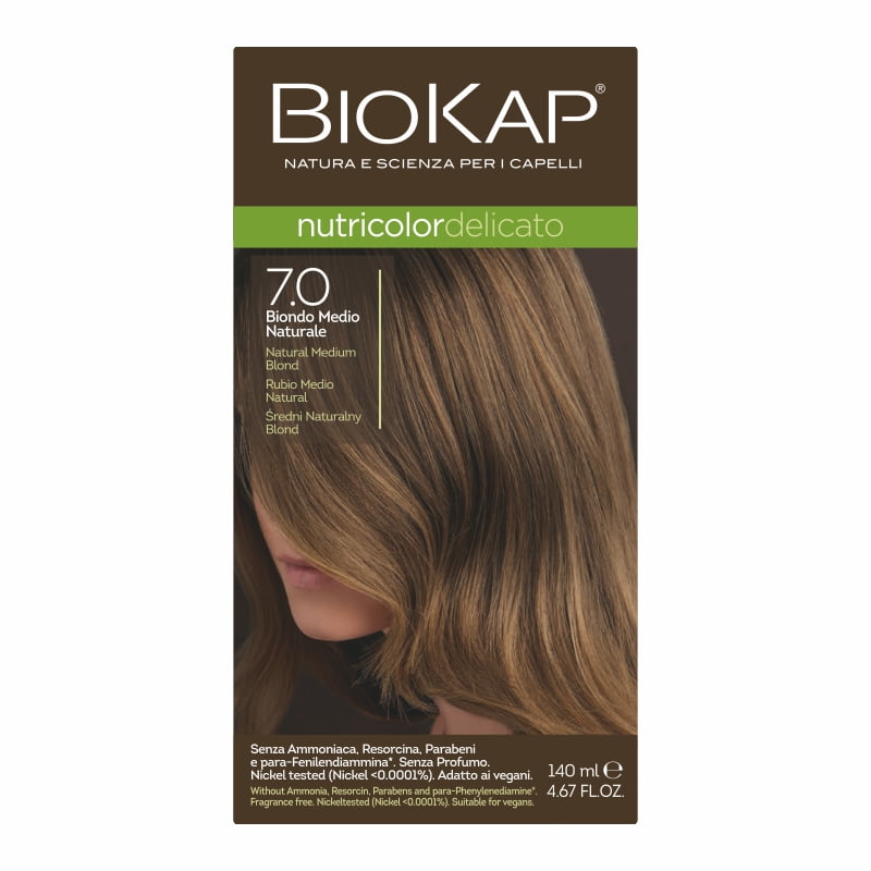 Biokap Delicato Farba do Włosów | Średni Naturalny Blond 7.0 | Pokrywa Siwe Włosy | Bez Amoniaku