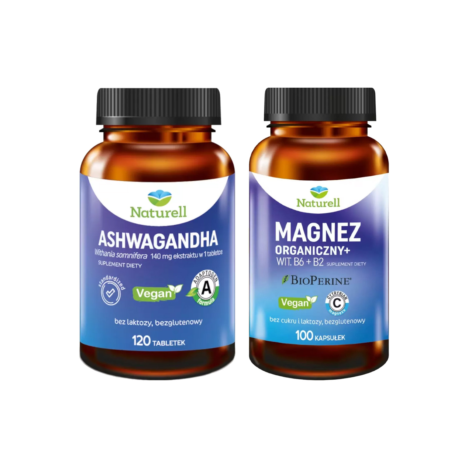 Zestaw: naturell magnez organiczny+, 100 kapsułek + naturell, ashwagandha, 120 tabletek
