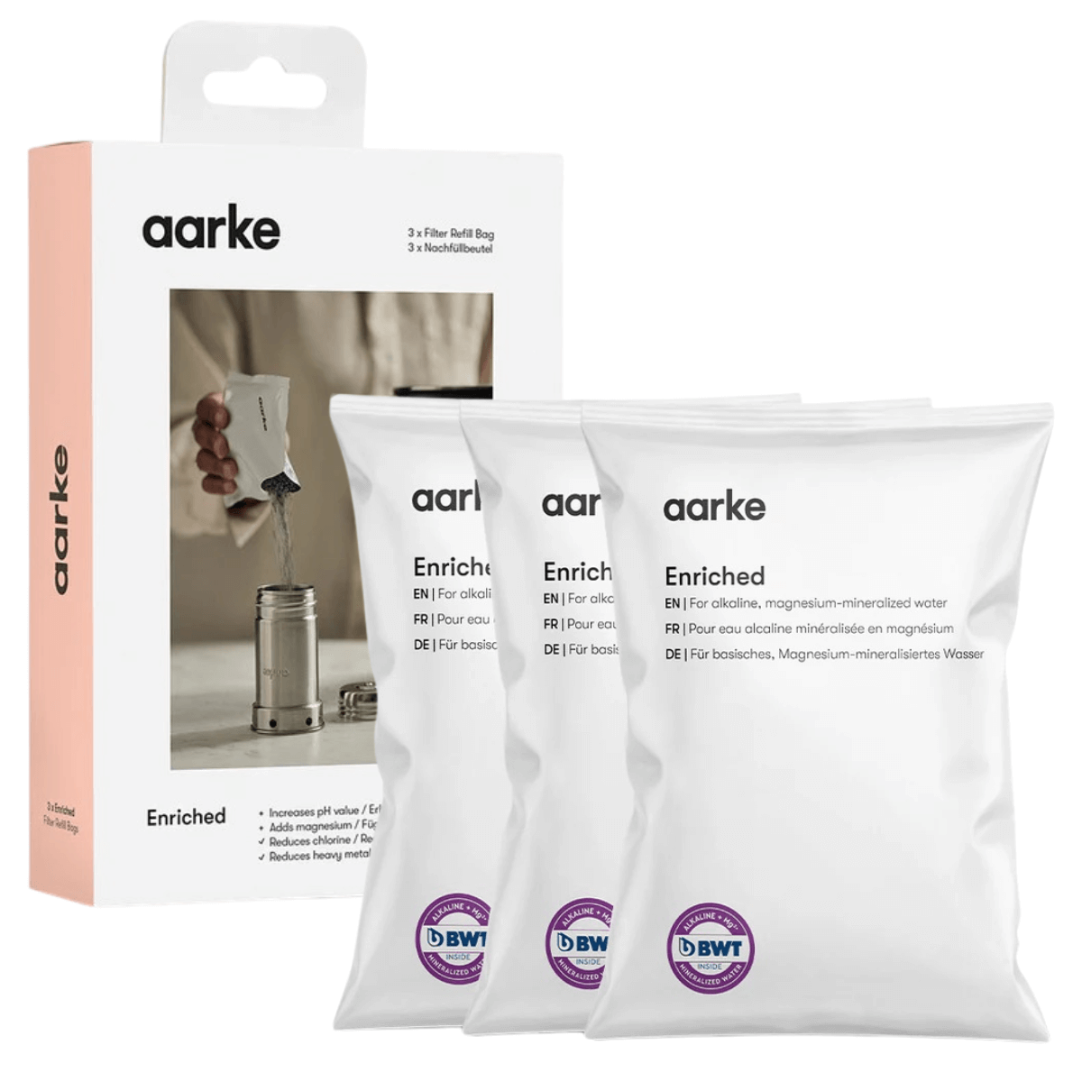 Granulki filtrujące Aarke Enriched Alkaline + Magnesium. 3 saszetki z granulkami filtrującymi do dzbanka Aarke.