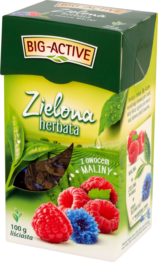Big Active — zielona herbata smakowa liściasta (malina), 100 g