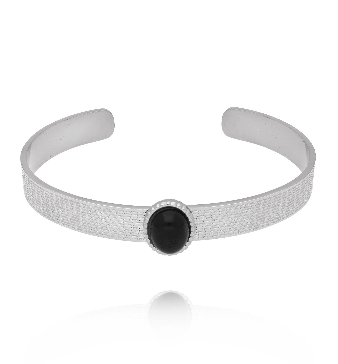 Bransoleta srebrna open cuff z czarnym agatem BSY0481 - By Dziubeka