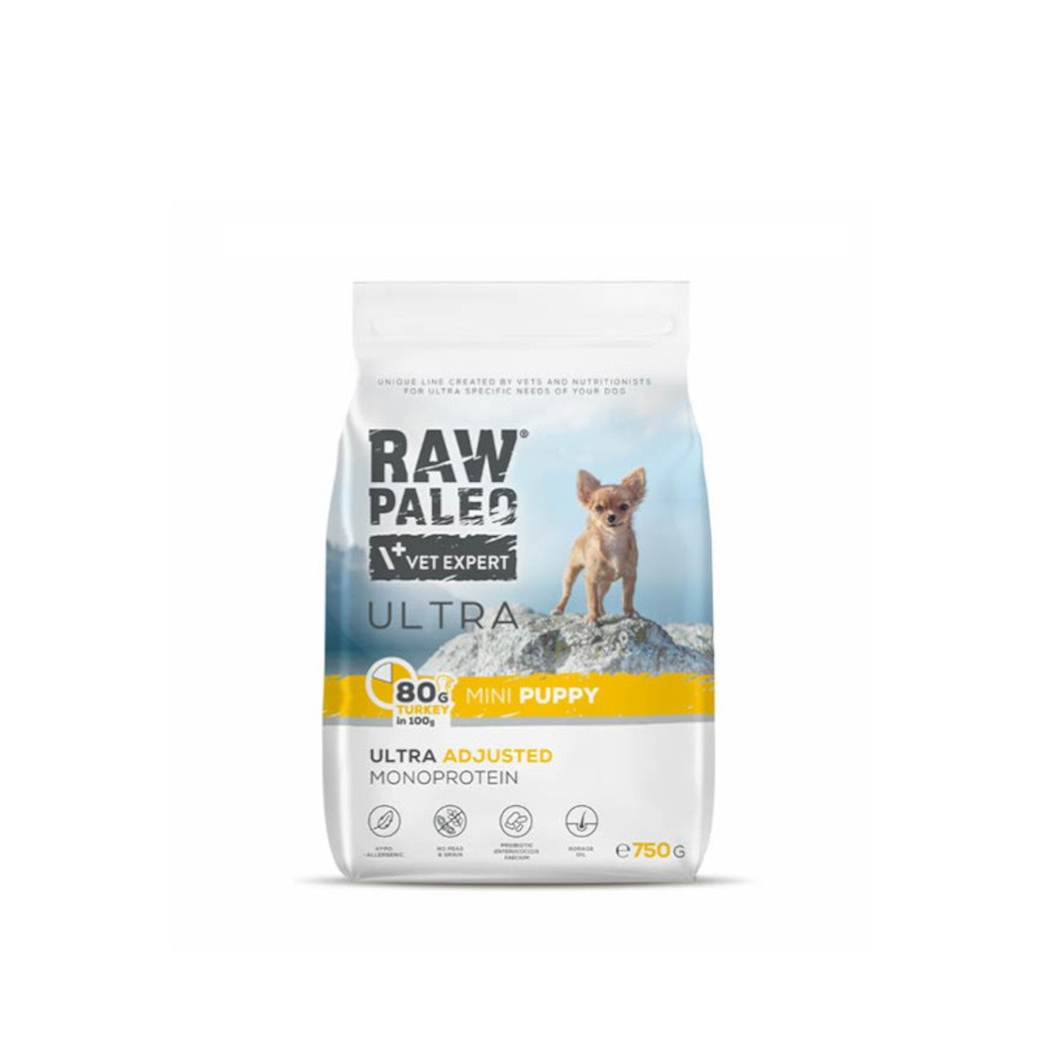 Turkey Puppy Mini | RAW PALEO Ultra | 750g | Sucha karma z indykiem dla szczeniąt | 80% mięsa | Bez zbóż