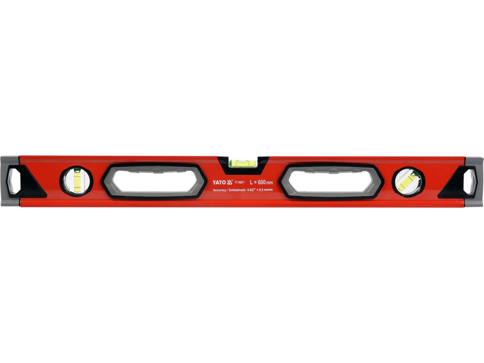 Poziomnica aluminiowa YATO 600mm 3 libelle z dwoma uchwytami 0.5 mm/M YT-30071