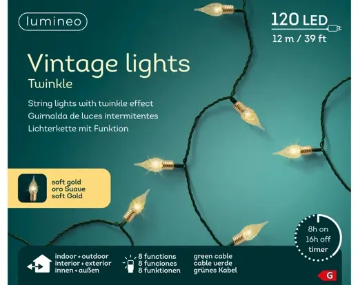 Lampki zewnętrzne/wewnętrzne Vintage 120 LED 12m jasny złoty Flesz 8 funkcji