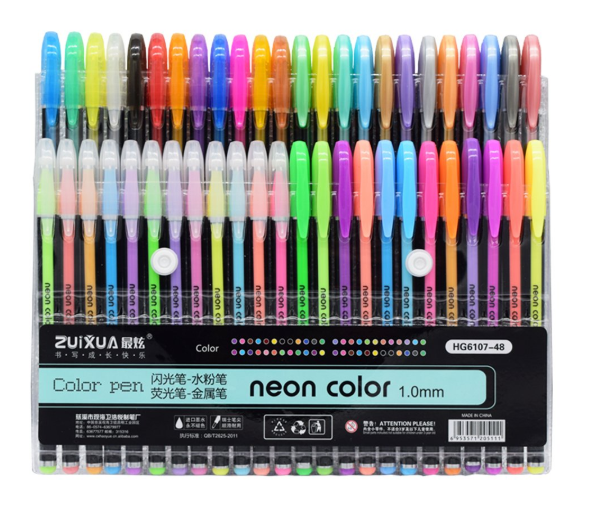 Zestaw 48 długopisów żelowych NEON brokat 027
