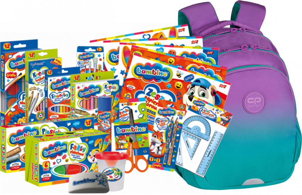 Zestaw: Plecak szkolny CoolPack Jerry Gradient Blueberry + Wyprawka szkolna Bambino, 18-elementów