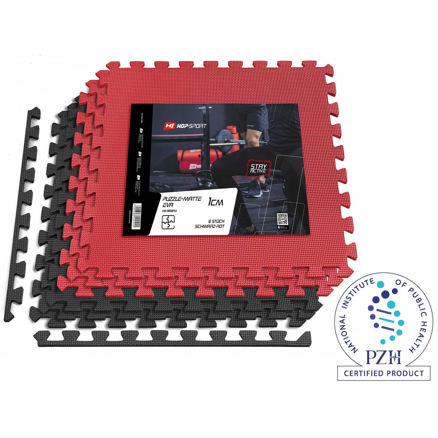 Tapis de protection fitness puzzle en mousse EVA 1 cm - 6 Pièces Noir/Rouge