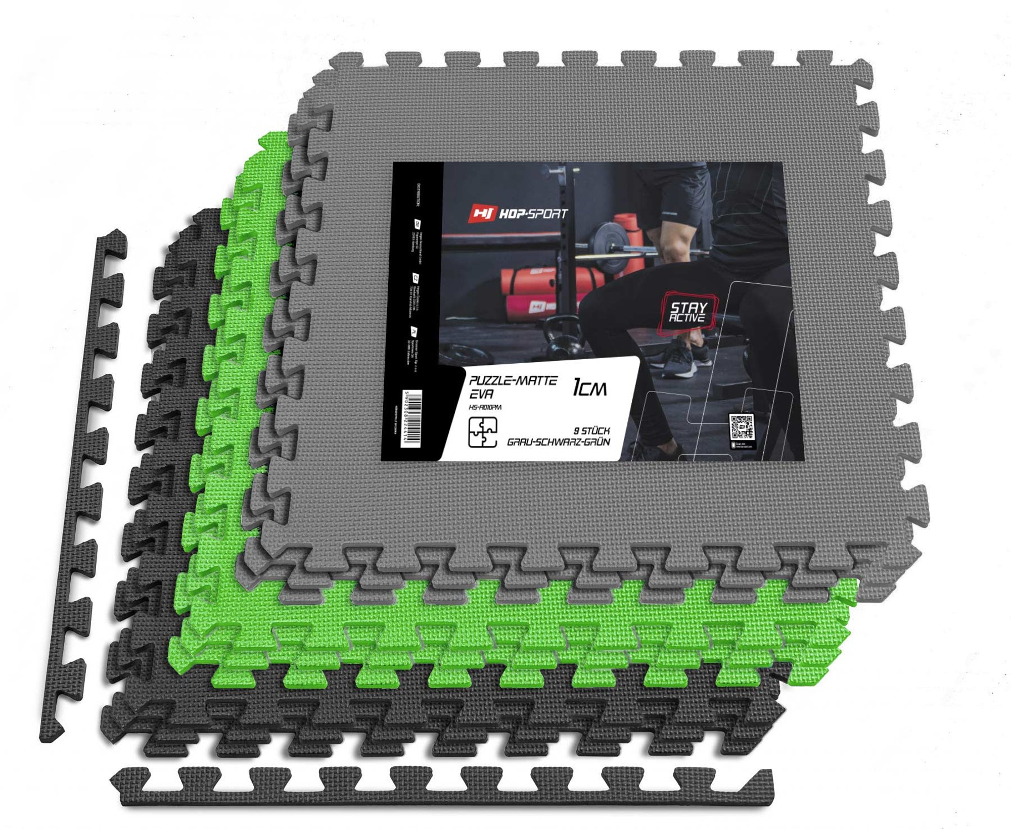 Mata puzzle EVA 1cm czarno/szaro/zielona - 9 sztuk