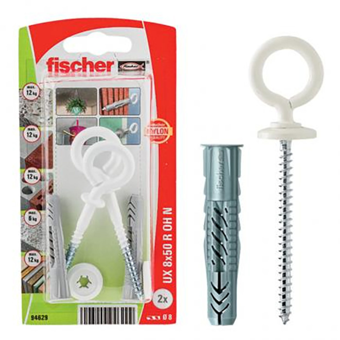 Kołki uniwersalne z hakiem oczkowym 8x50mm Białe 2 sztuki Fischer