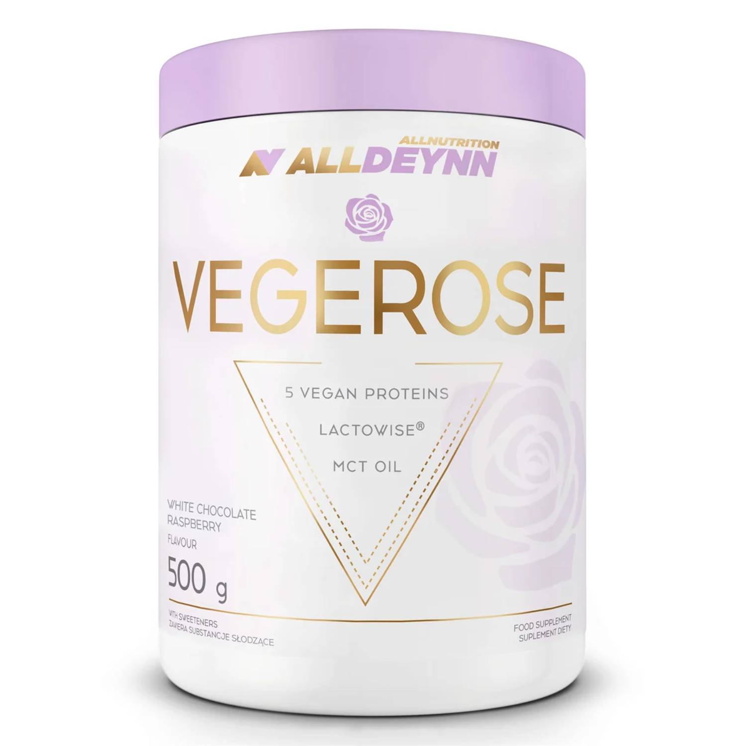 Allnutrition vegerose, smak białej czekolady z kawałkami liofilizowanych malin, 500 g