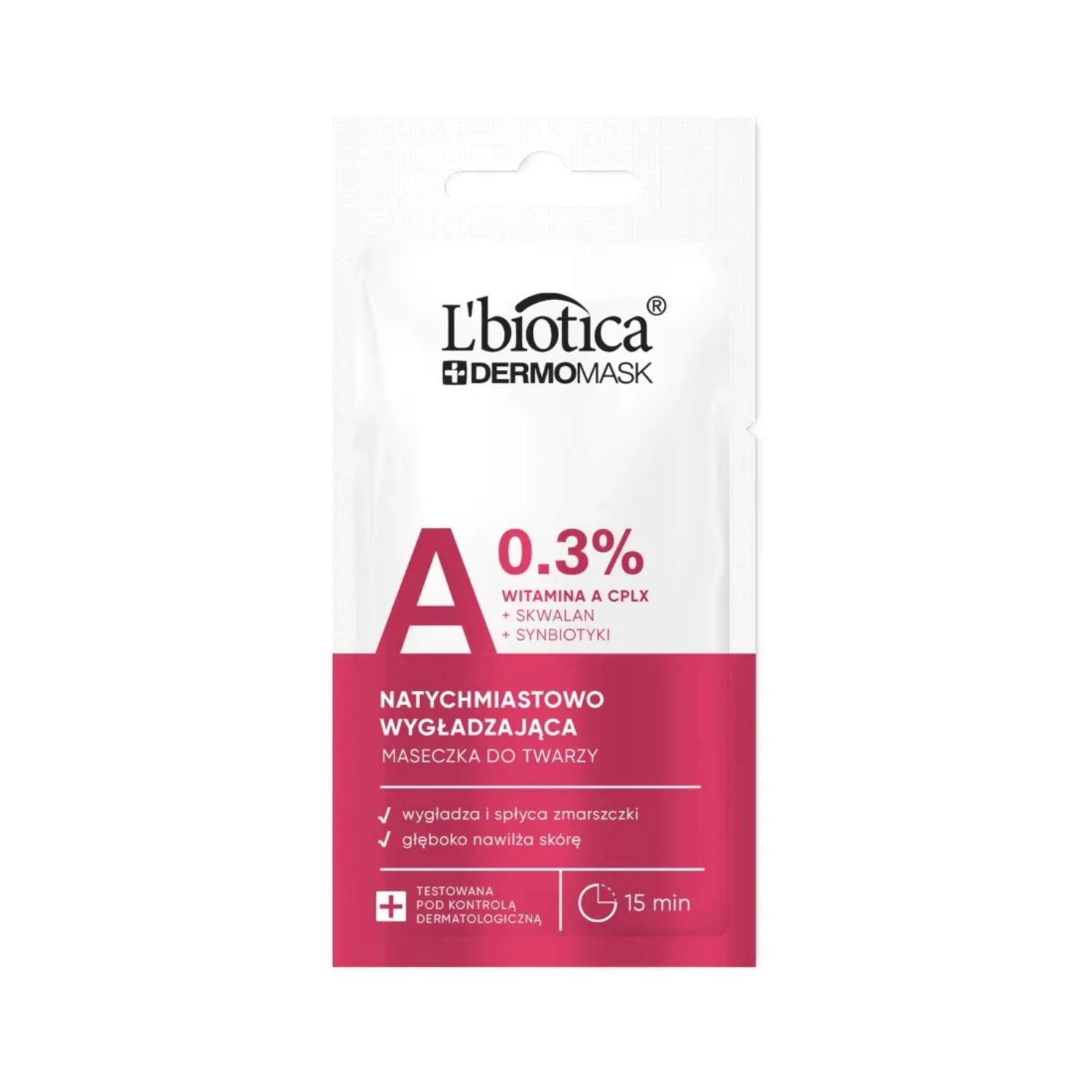 L'biotica dermomask - natychmiastowo wygładzająca maseczka do twarzy z witaminą a, 8 ml