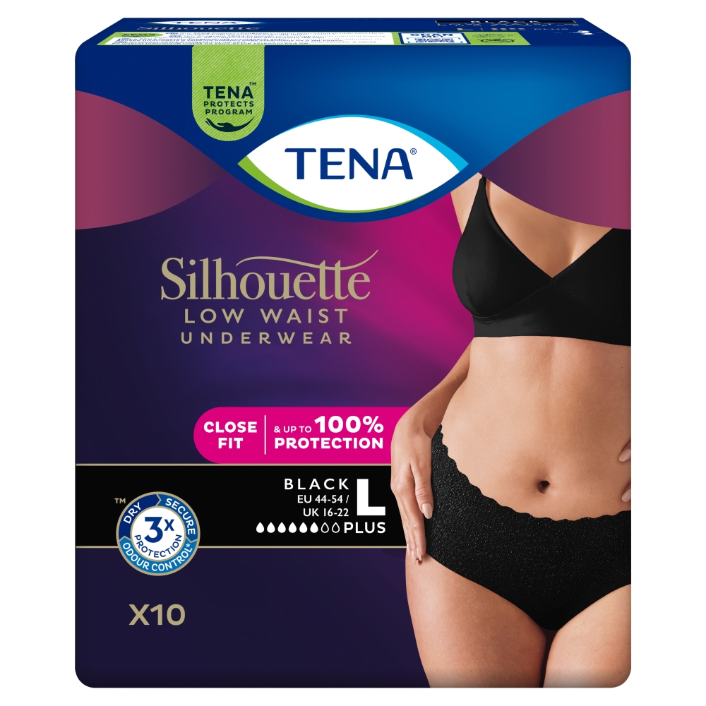 Tena silhouette plus black - dyskretne majtki chłonne dla kobiet, rozmiar l, 10 sztuk