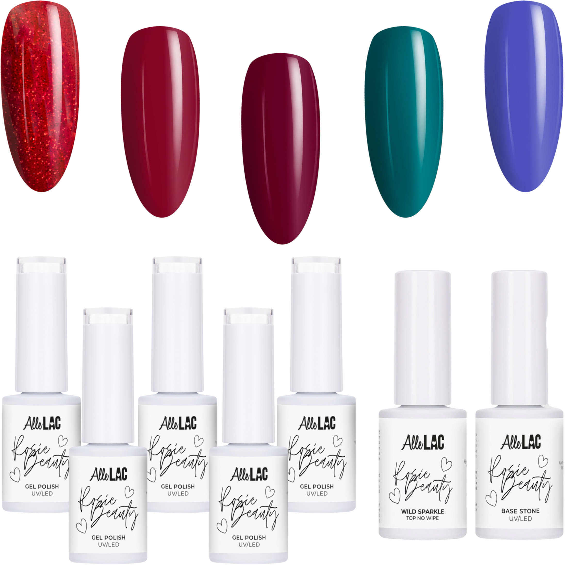 Zestaw 5 kolorów ALLELAC 6g Rosie Beauty + Baza + Top GRATIS (Rosie Base, Rosie Top)