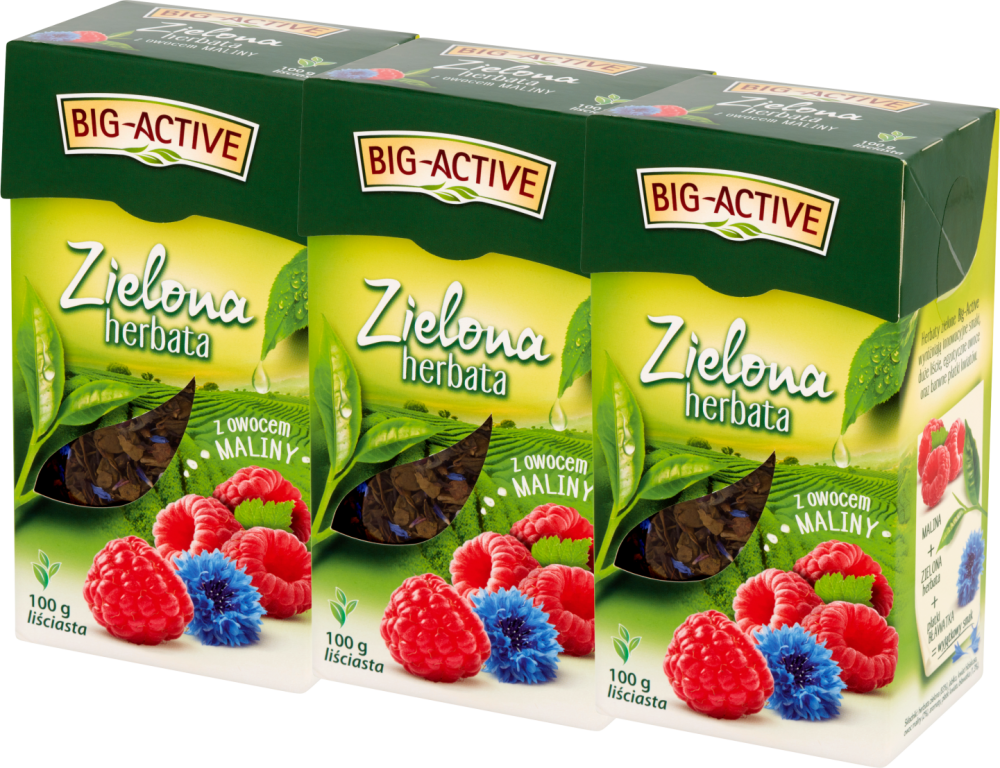 Big Active — zielona herbata smakowa liściasta (malina), 100 g