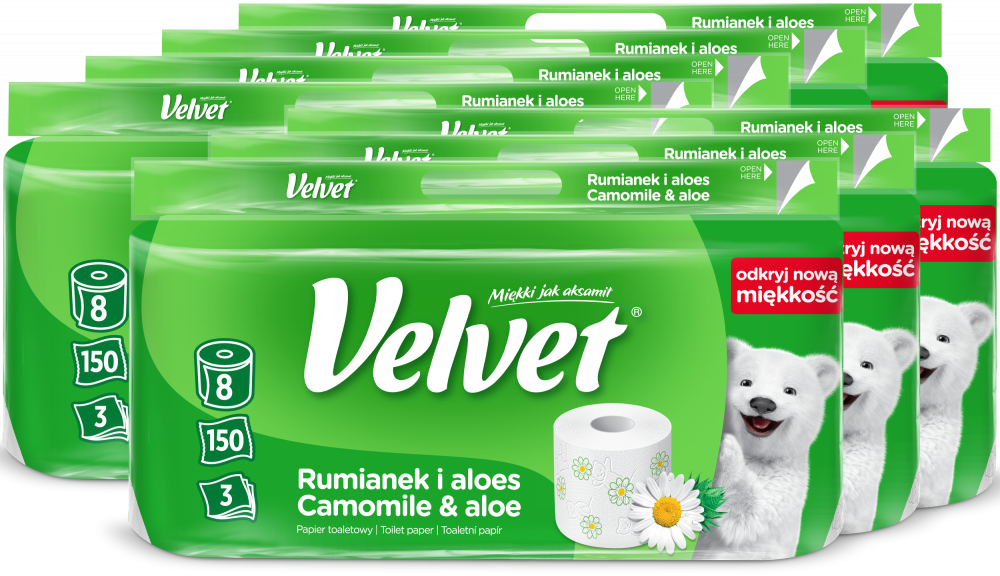Papier toaletowy Velvet Rumianek i Aloes, 3-warstwowy, 8 rolek, biały