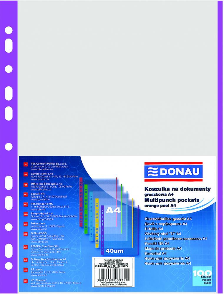 Donau koszulki groszkowe A4 z fioletowymi brzegami 40μm 100 szt. przezroczyste