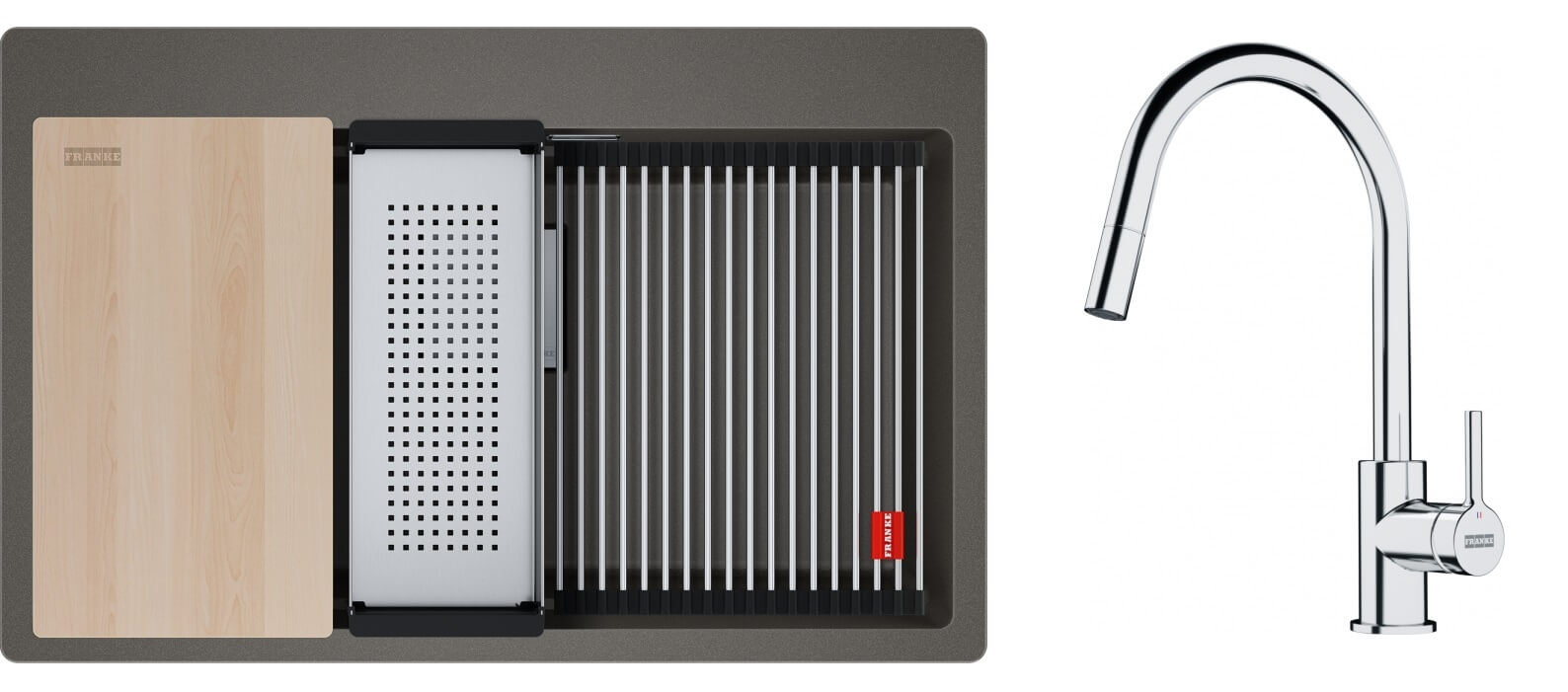 Zestaw Franke Kanon KNG PRO 610-73 FTL zlewozmywak granitowy 79x51 cm łupkowy szary z baterią kuchenną stojącą z wyciąganą wylewką ...
