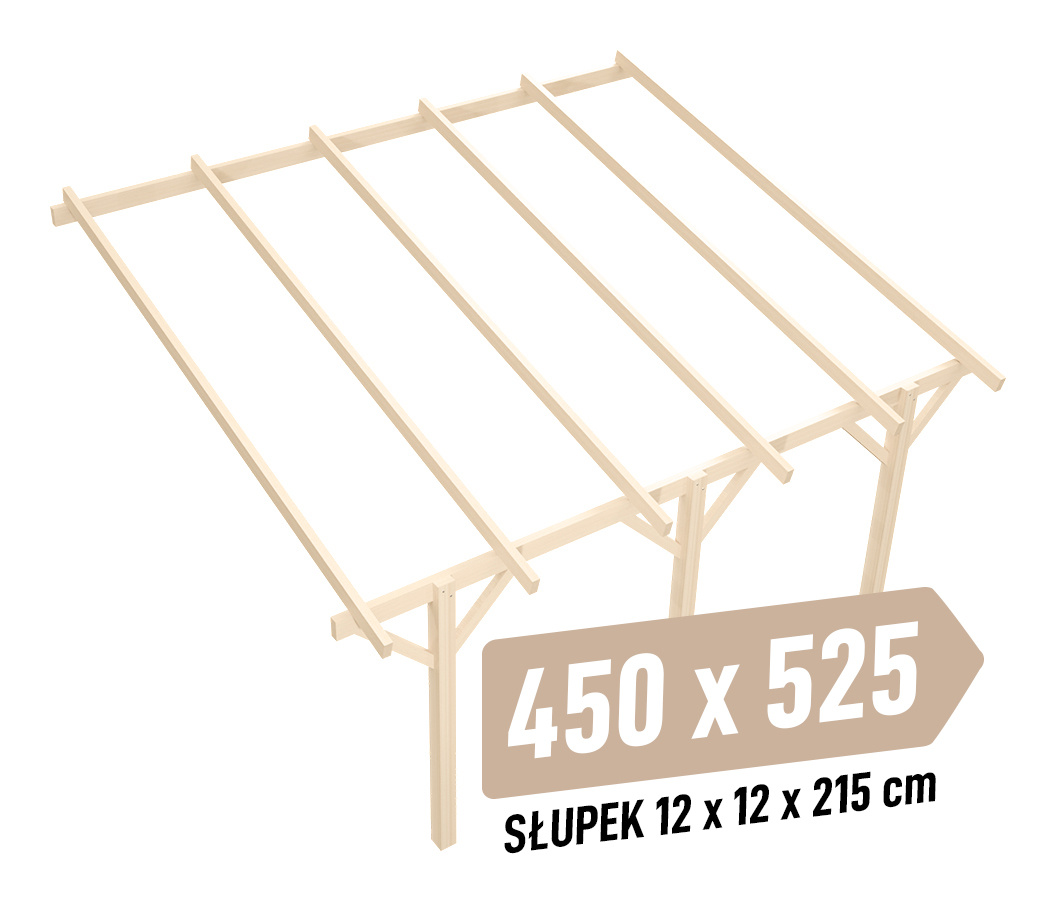 Wiata KVH Sucha Premium - 450 x 525 cm - słupki 12x12x215 cm garażowa przyścienna - zastrzał prosty