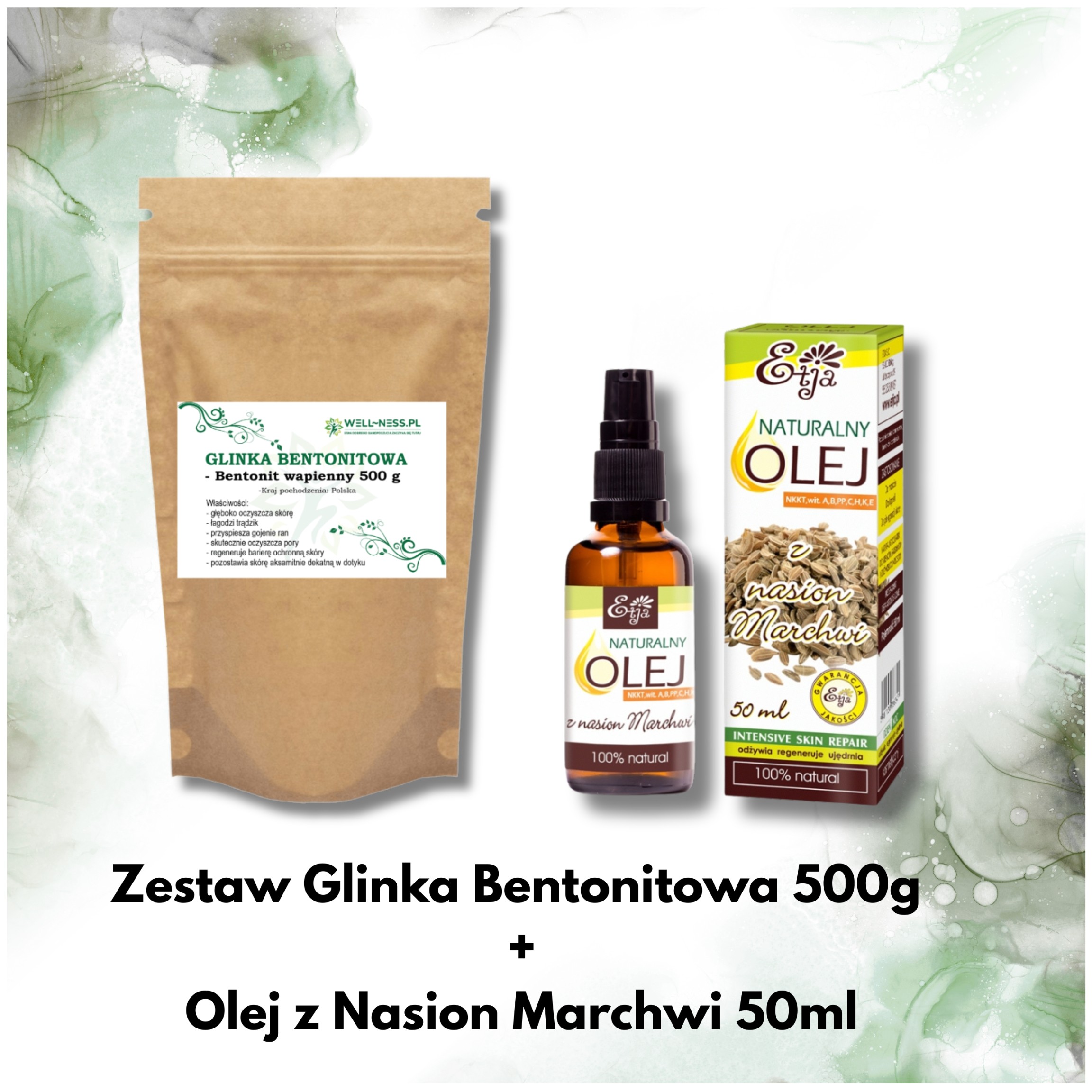 Zestaw Glinka Bentonitowa - bentonit wapienny 500g + Olej z Nasion Marchwi 50 ml