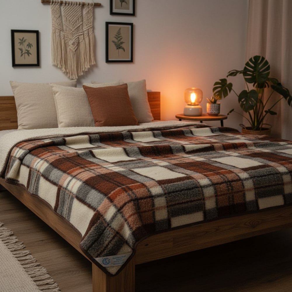koc wełniany merynos australijski krata z czerwonym Woolmark 160x200