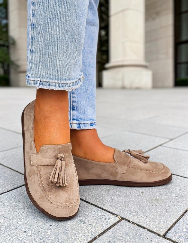 Beżowe Zamszowe Mokasyny Barefoot z Frędzlem