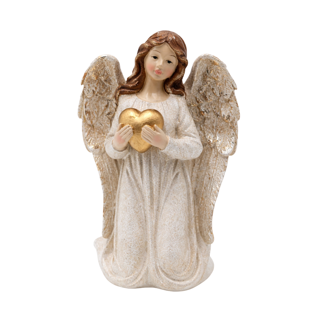 Figurka Aniołek kremowo-złoty klęczący, złote serce w ręku 19cm