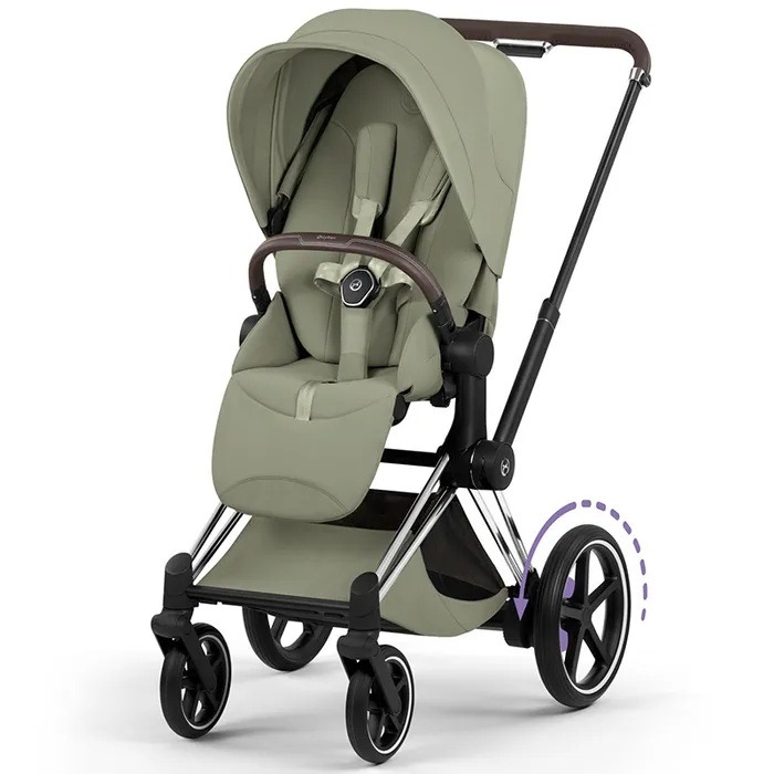 Cybex e-Priam 5.0 Style - elektryczny wózek spacerowy-Sage Green-Chrome (with brown leather)