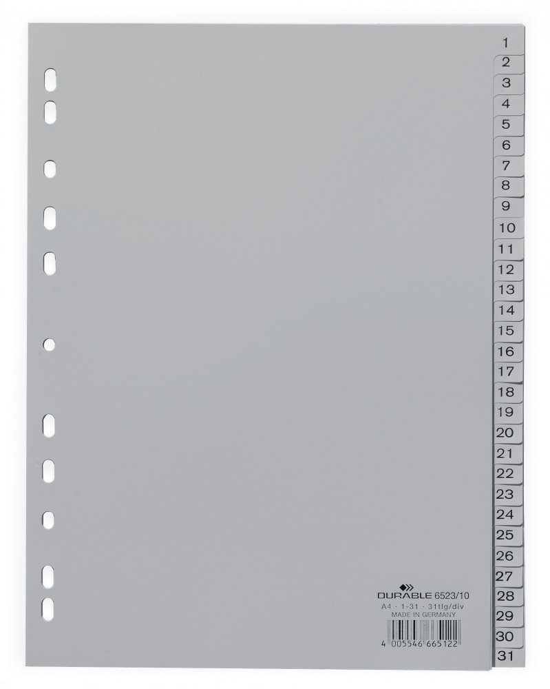 Przekładki do segregatora Durable, numeryczne, A4, 1-31 kart, szary