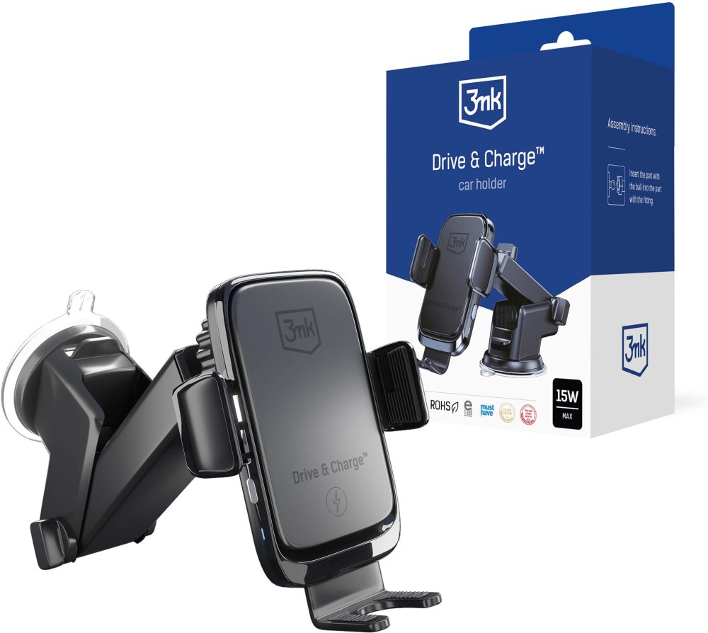 3mk Drive & Charge — uchwyt samochodowy z ładowarką indukcyjną 15W, czarny