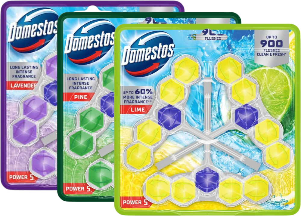 Zestaw 3x Zawieszka do WC Domestos Power 5, lawendowy, lime, pine, 3x55g