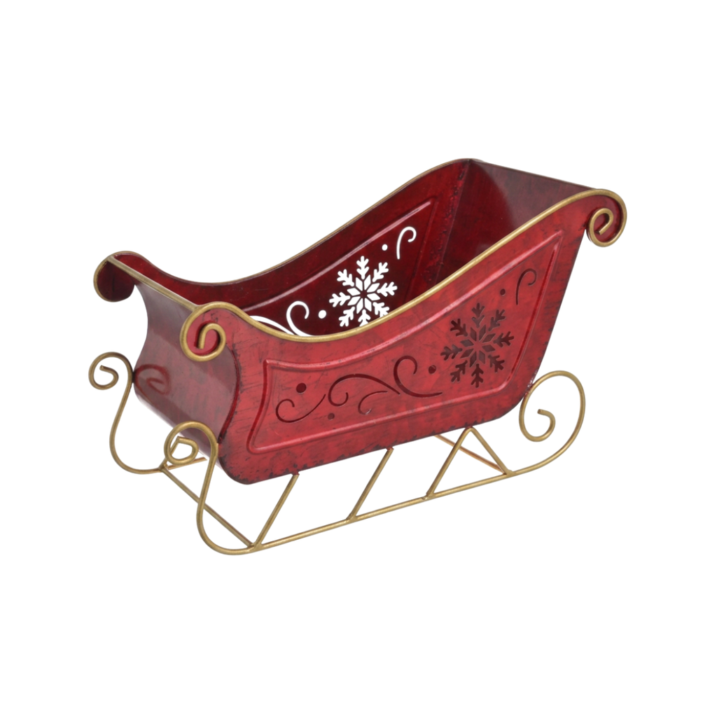Sanie metalowe czerwone, śnieżynki, złote płozy 28,5x17cm
