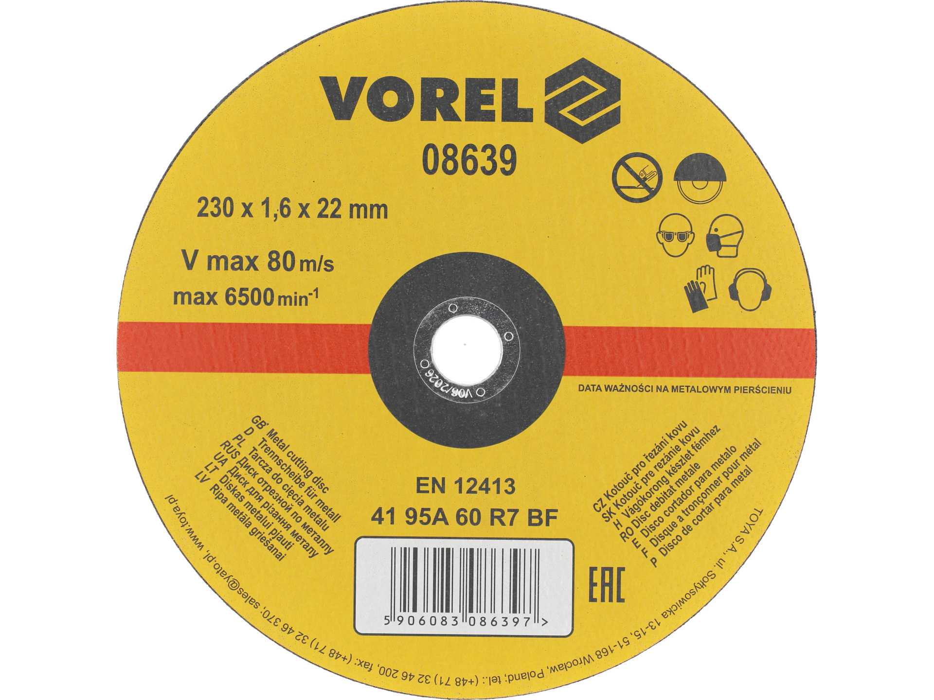 Tarcza do cięcia metalu VOREL 230x1.6x22mm zbrojona elektrokorund 08639