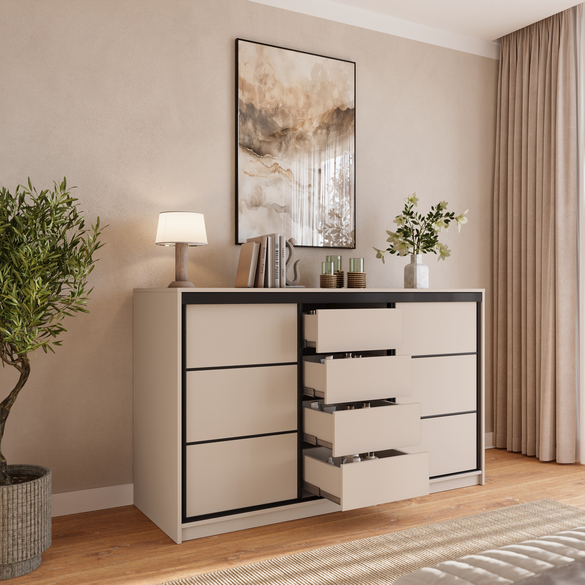 Beżowa komoda 160 cm do sypialni z drążkami i szufladami LOFT